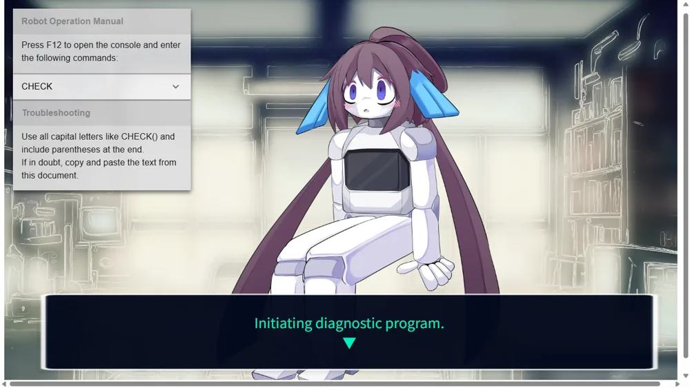 After typing CHECK() into the console, the game shows "Initiating diagnostic program." in cyan text