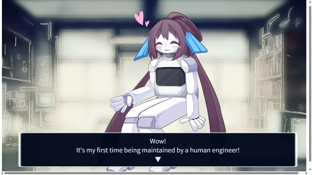 A conversation scene from Repair the Cocoro, with the caretaker robot Cocoro talking happily