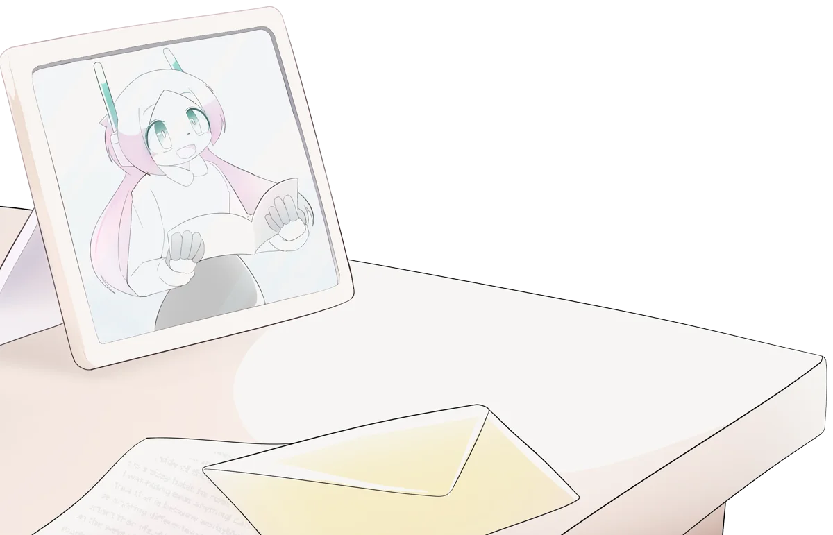 タイトルアート。机の上に、手紙の入った封筒と、ロボットの写真が入った写真立てが置かれている