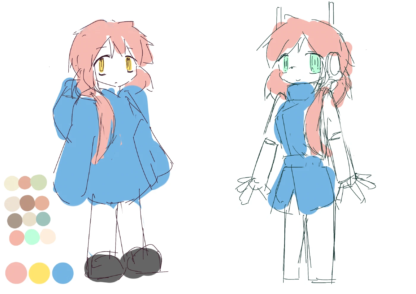 Early design rough of Kagari and Kagami. On the left, Kagari with pink hair and yellow eyes in a blue hoodie, looking glum. On the right, a smiling Kagami with antennae. A color palette sits at the bottom left