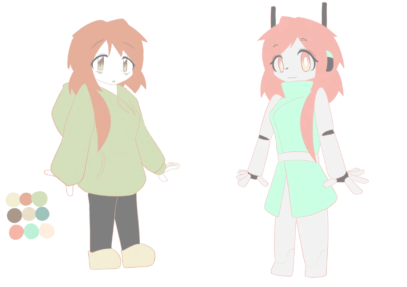 A pale-colored clean version of the early designs. Kagari in a green hoodie and black leggings on the left, and Kagami, a robot with a white body, mint-green clothes and antennae, on the right