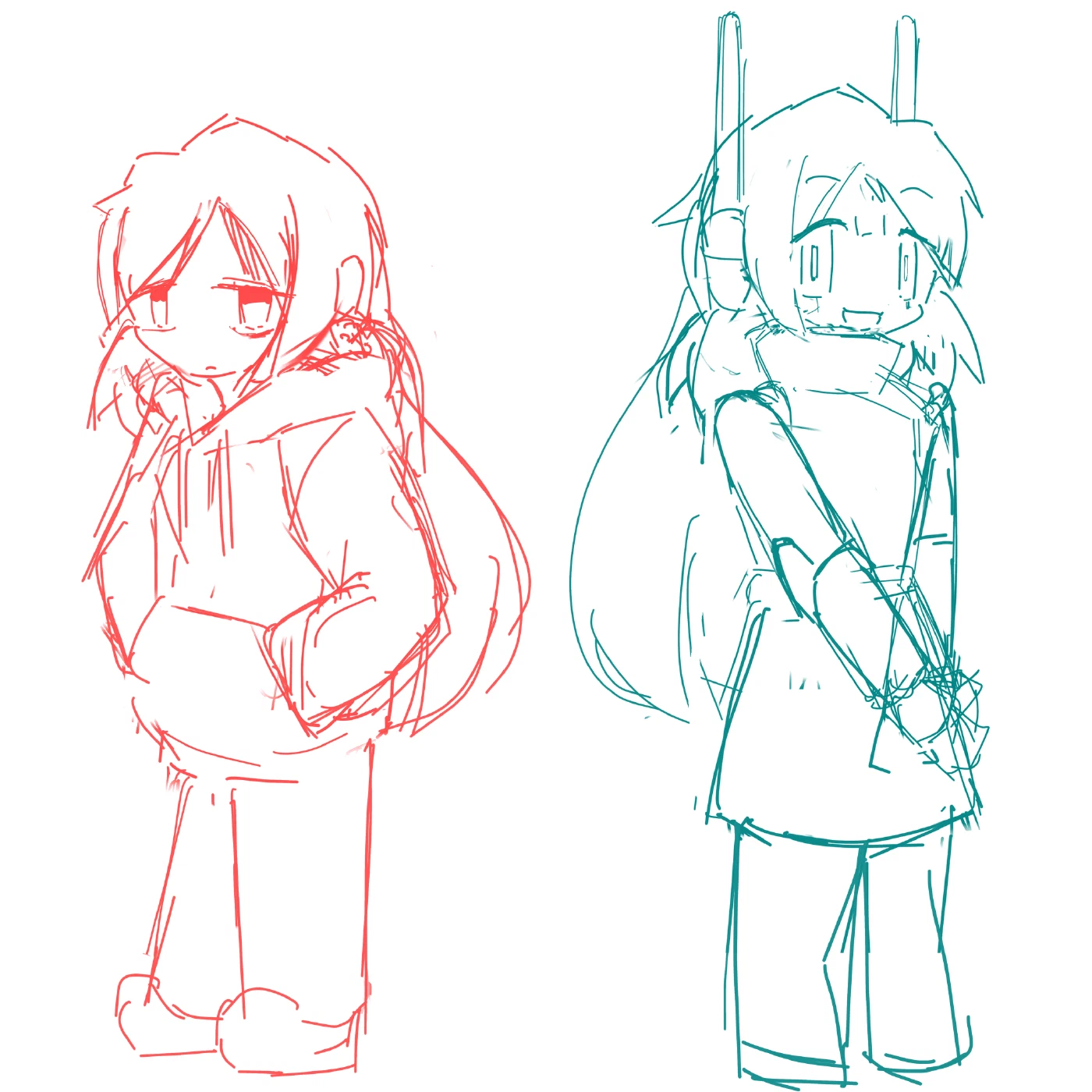 A two-color pose sketch. Kagari drawn all in red, hands in their hoodie pocket with a listless look. Kagami drawn all in teal, hands behind her back, beaming