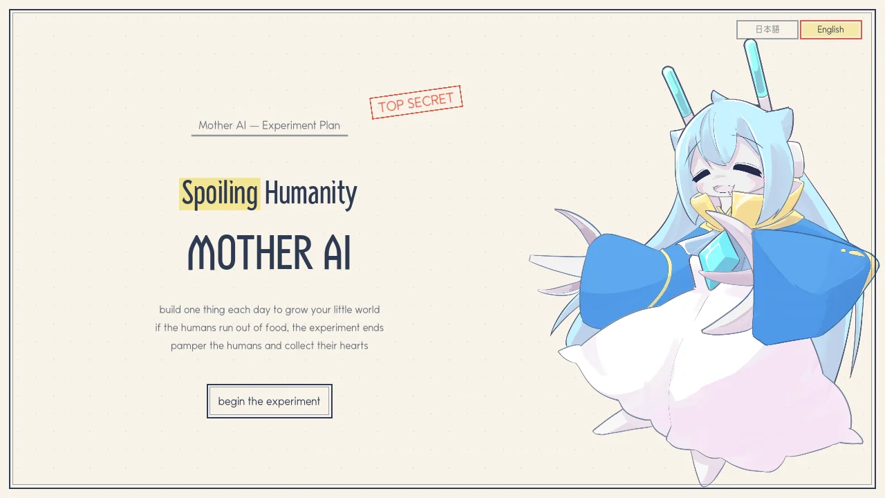 Title screen of The Mother AI Who Spoils Humanity, with the logo and the Mother AI character on paper