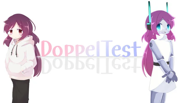 DoppelTestのキービジュアル。カガリとロボットのカガミが向かい合って立っている